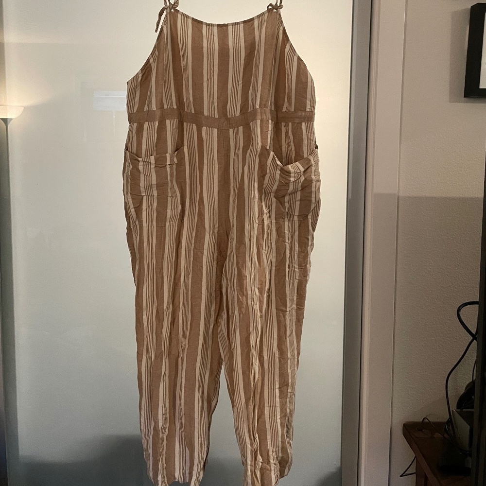 Madewell Beige and White Striped Linen Jumpsuit